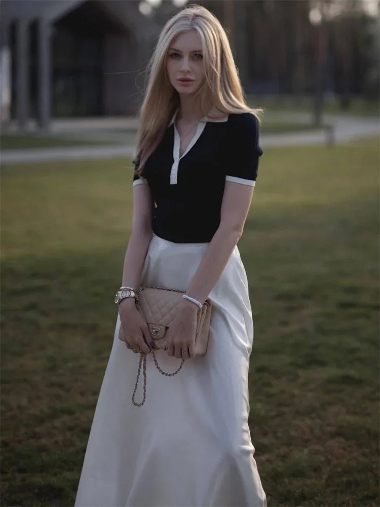 Women Ribbed Contrast Collar Polo Top | Evelina