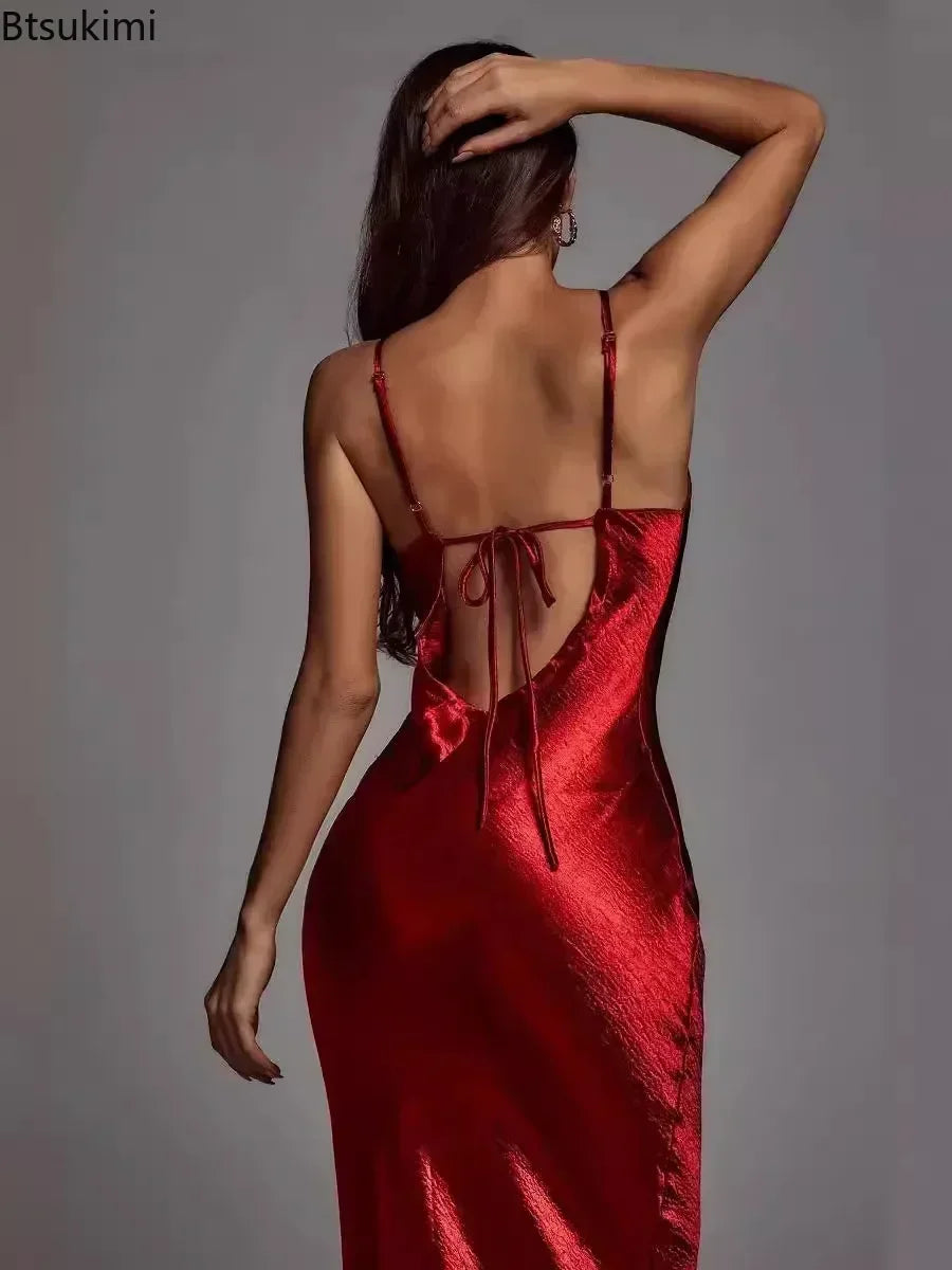 Women Maxi Dress Rose Gold Satin | Elegant Evening Gown-5