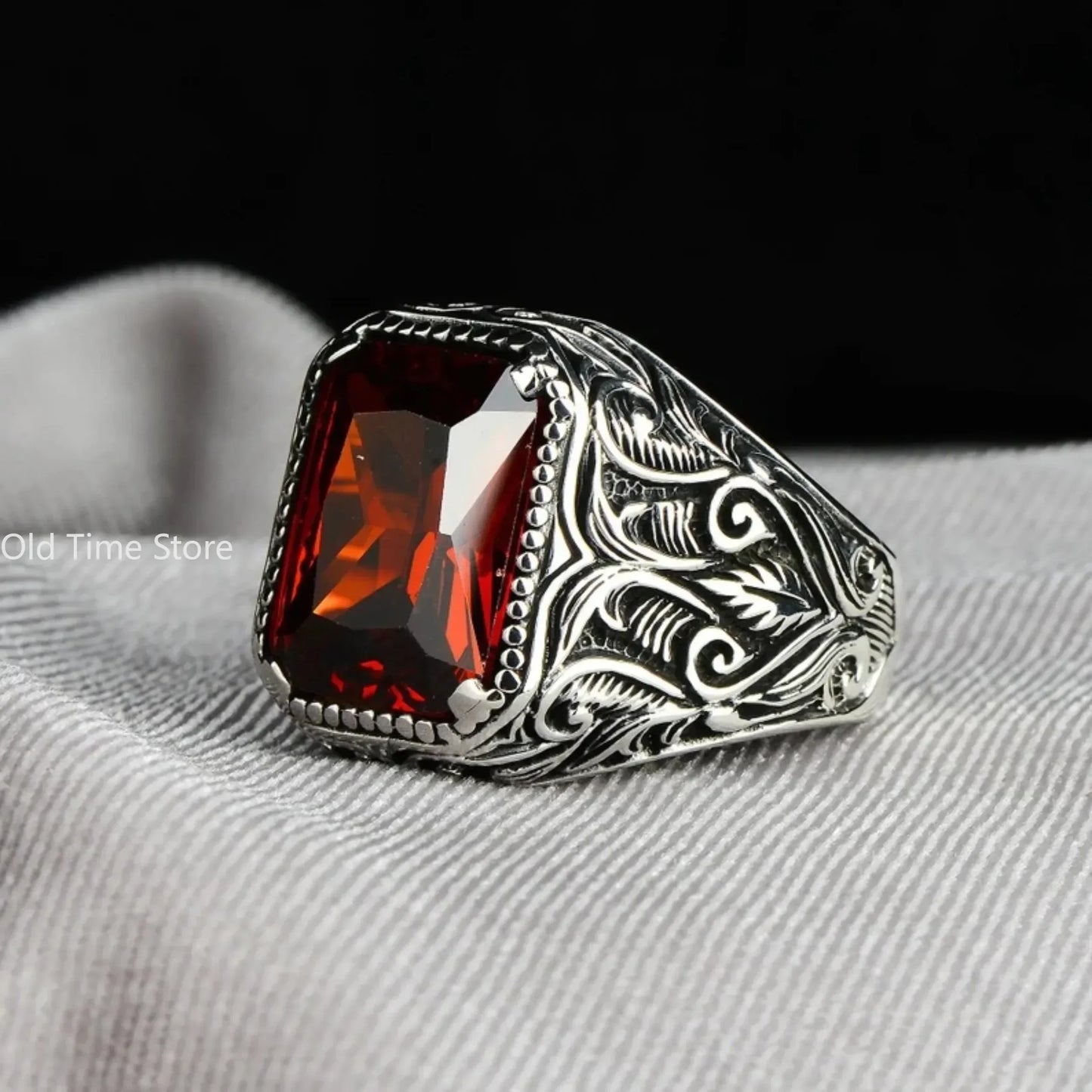 Men Red Gem Vintage Band Ring | Veyric