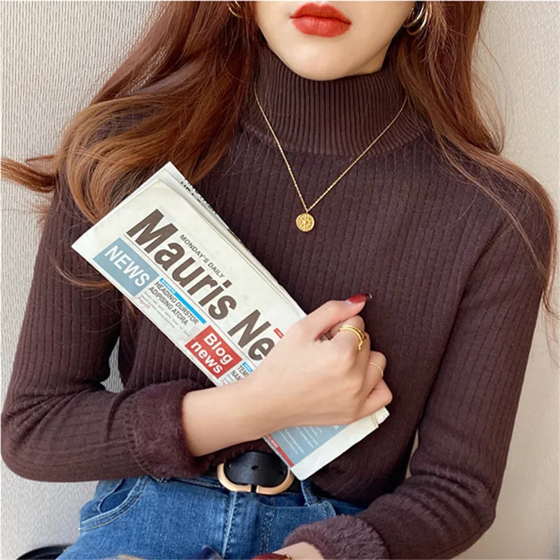 High-Neck Ribbed Sweater with Fur Trim | Edithmae