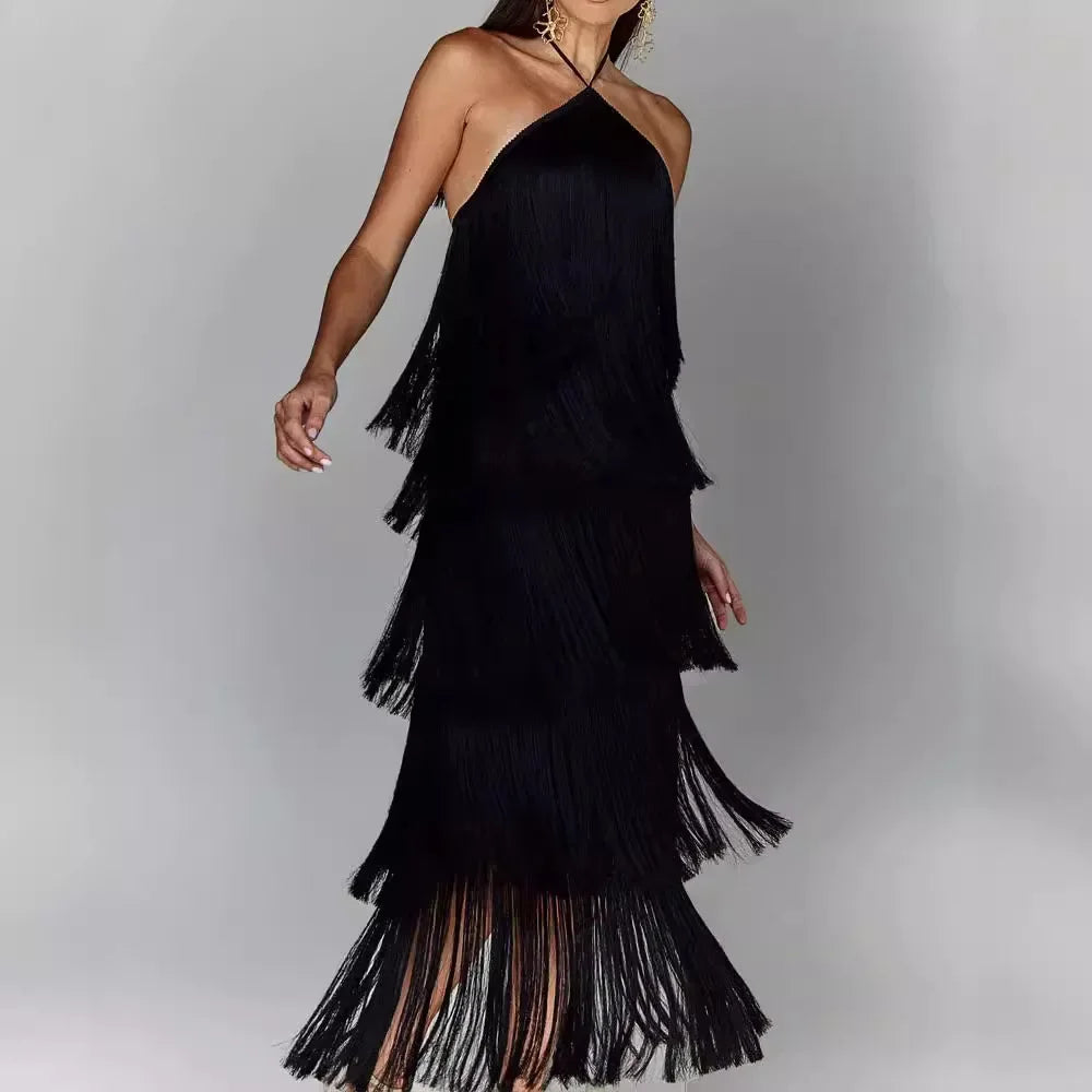 Women Glitter Fringe Halter Maxi Dress | Viviana