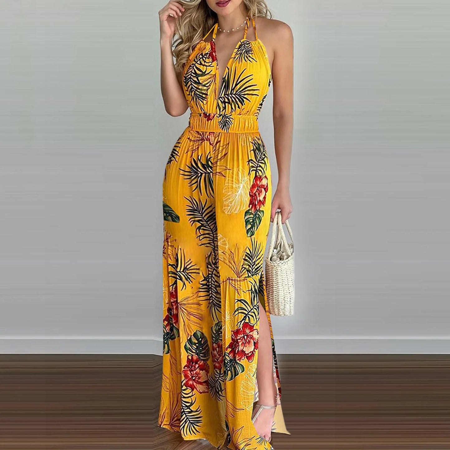Women Tropical Print Halter Maxi Dress | Diana