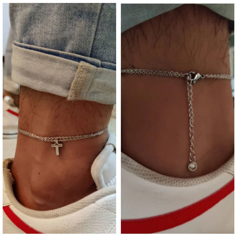 Men's Anklet Stainless Steel Double Chain with Cross Charm | Christian-1