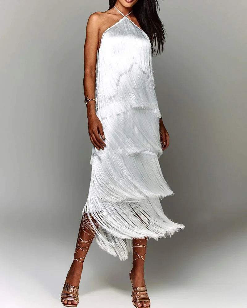 Women Glitter Fringe Halter Maxi Dress | Viviana