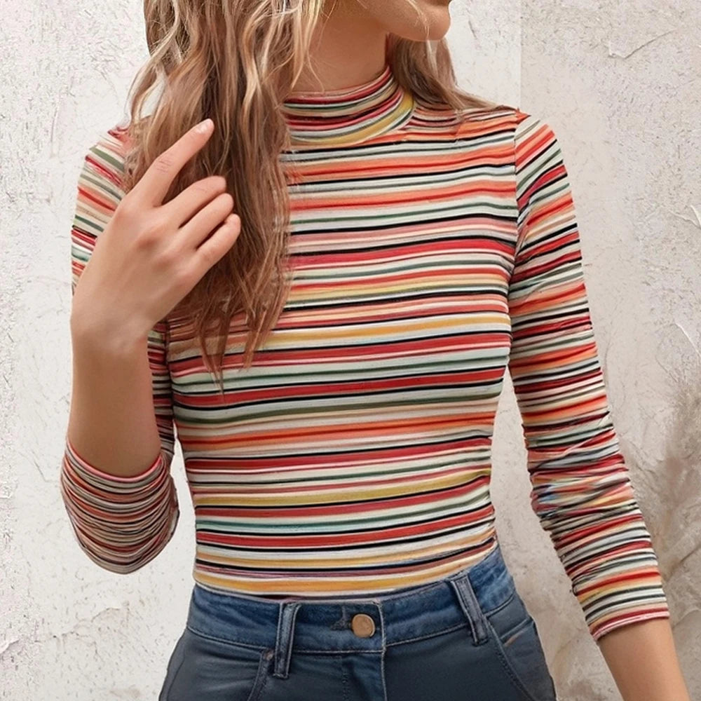 Women Striped Turtleneck Long-Sleeve Top | Elfreda