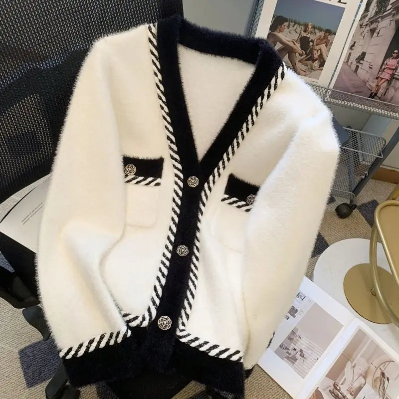 Women Elegant Contrast-Trim Cardigan | Olivine