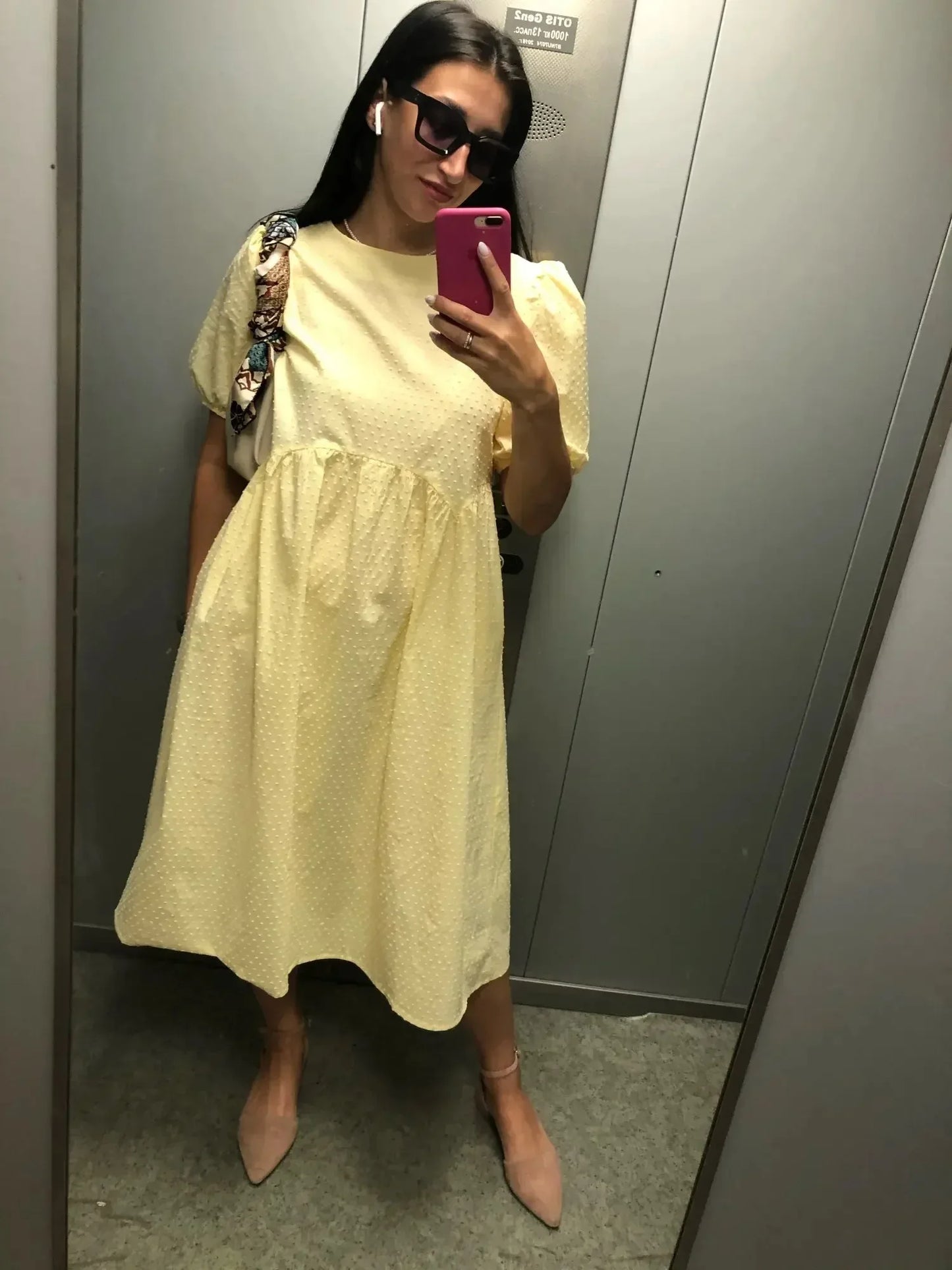 Women Elegant Puff Sleeve Midi Dress | Eliana
