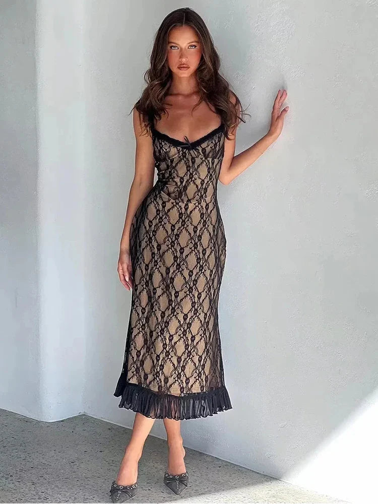 Women Lace Mesh Bodycon Midi Dress | Clydie