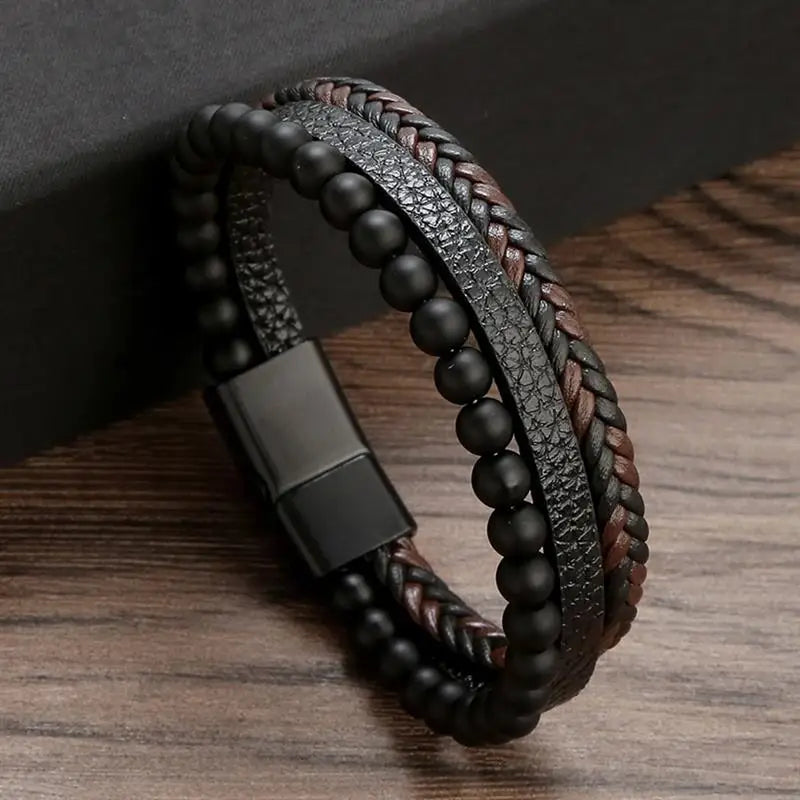 Variant image for Men's Leather Bracelet Black Alloy | Classic Style-5