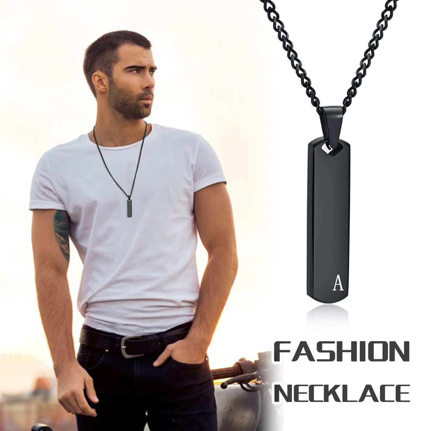 Men's Necklace Silver Stainless Steel | Classic Initial Bar Pendant-2