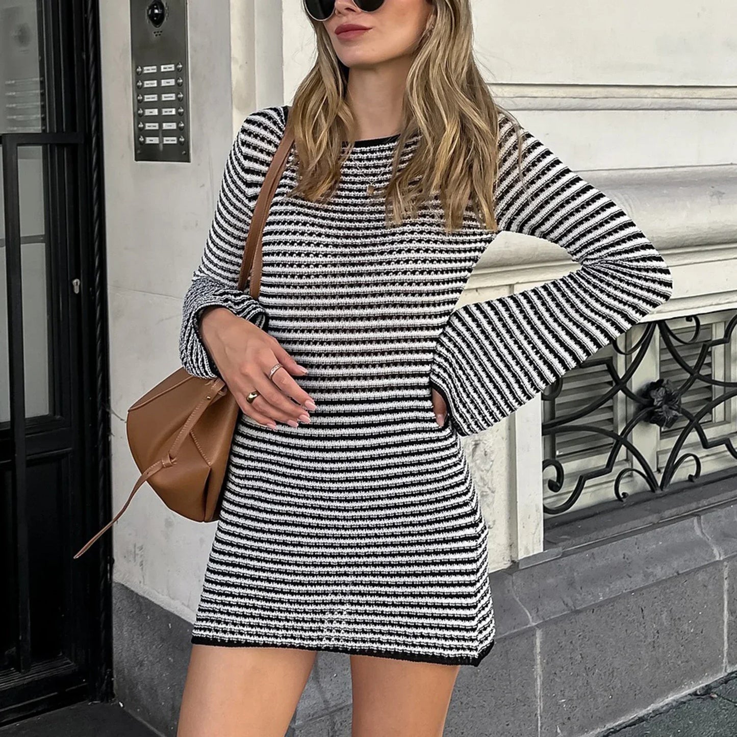 Women Striped Knit Long-Sleeve Mini Dress | Belem