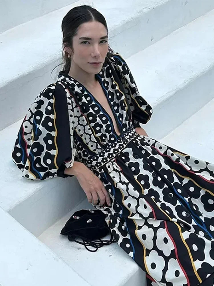 Women Bold Printed Maxi Dress with Balloon Sleeves | Aria