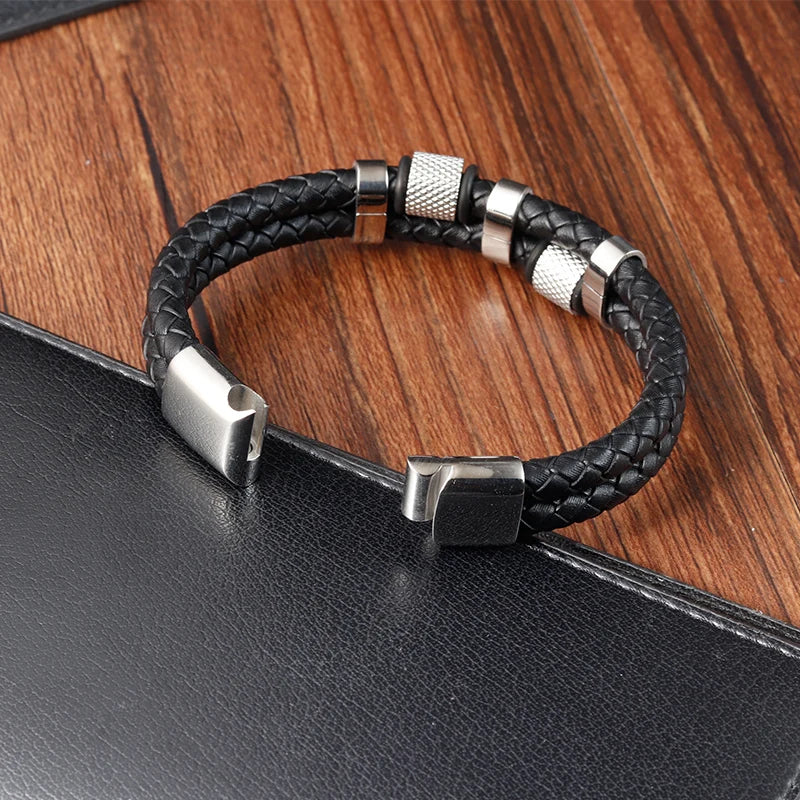 Men's Leather Bracelet Black Genuine Leather | Classic Charm-4