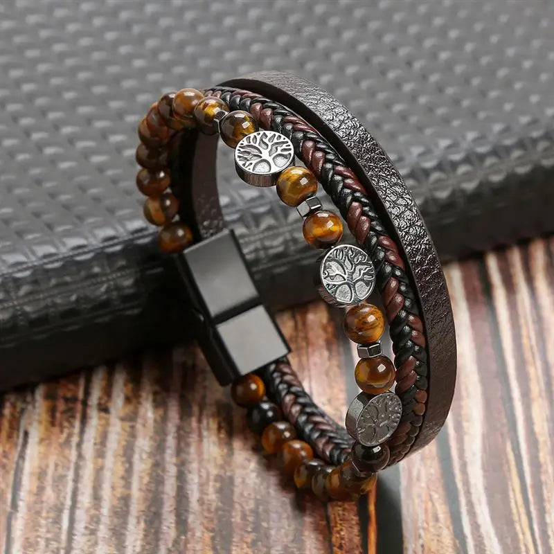Variant image for Men's Leather Bracelet Black Alloy | Classic Style-3