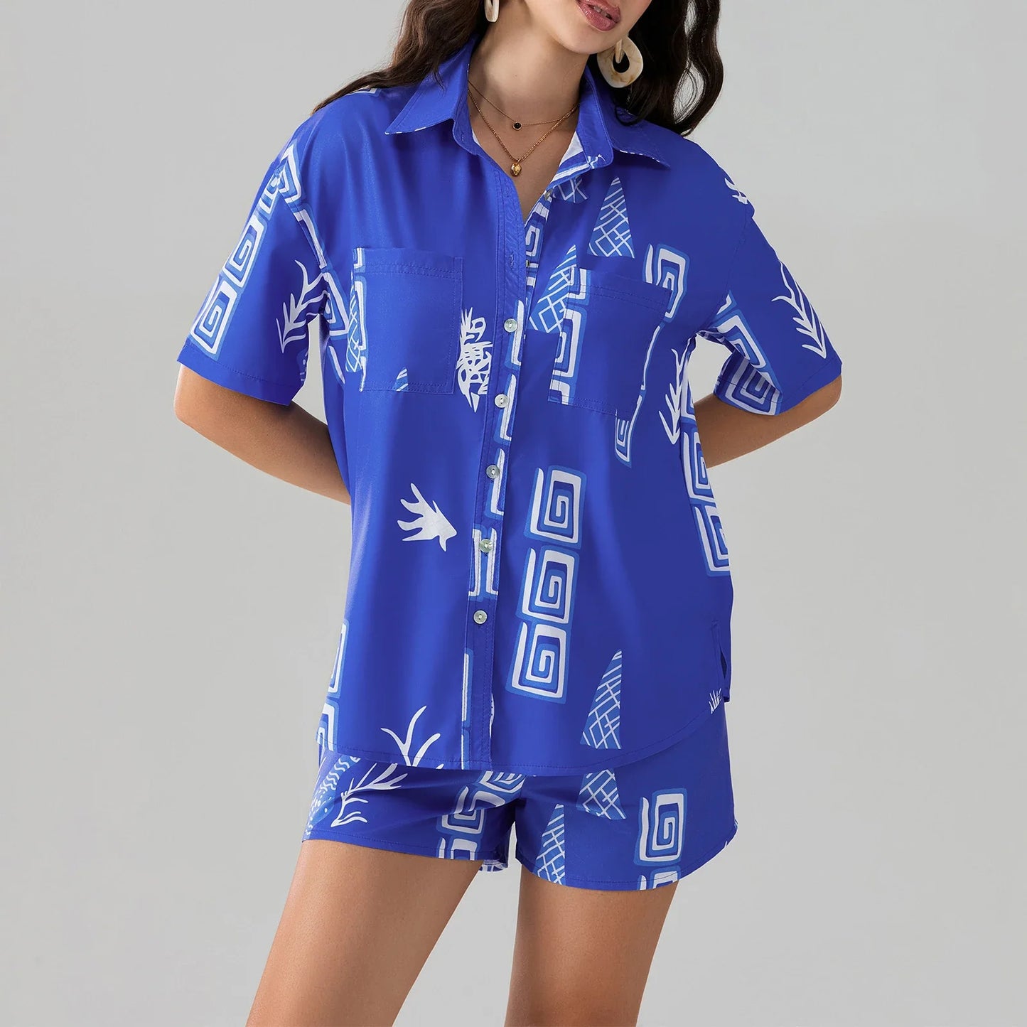 Women Playful Print Button-Up Shirt and Shorts Set | Alexa