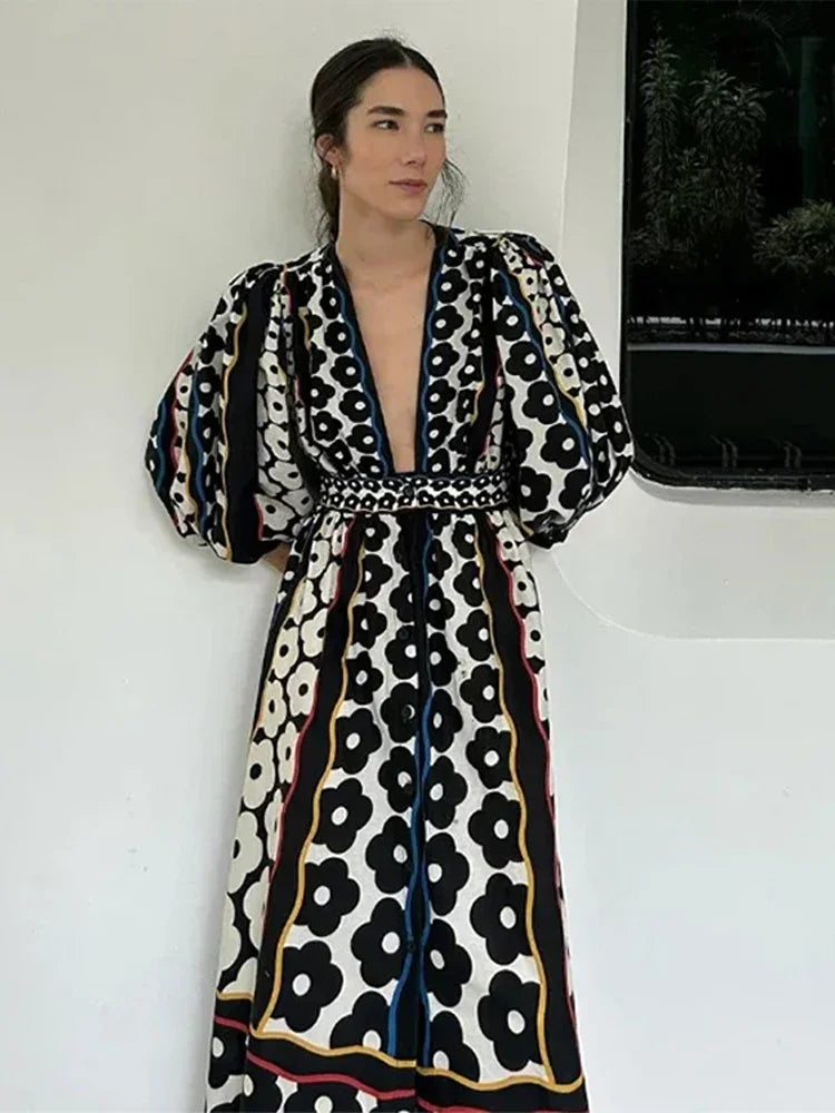 Women Bold Printed Maxi Dress with Balloon Sleeves | Aria