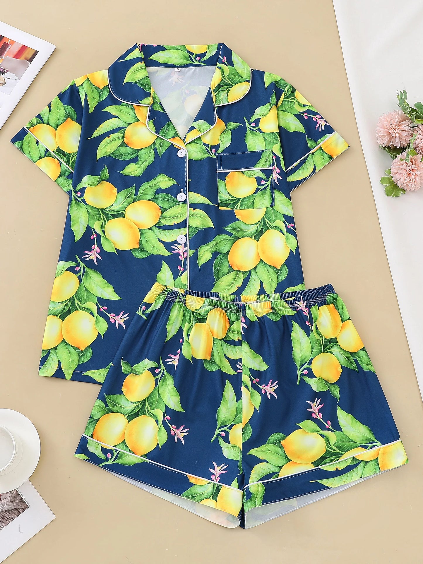 Lemon Print Short Sleeve Pajama Set | Almeda