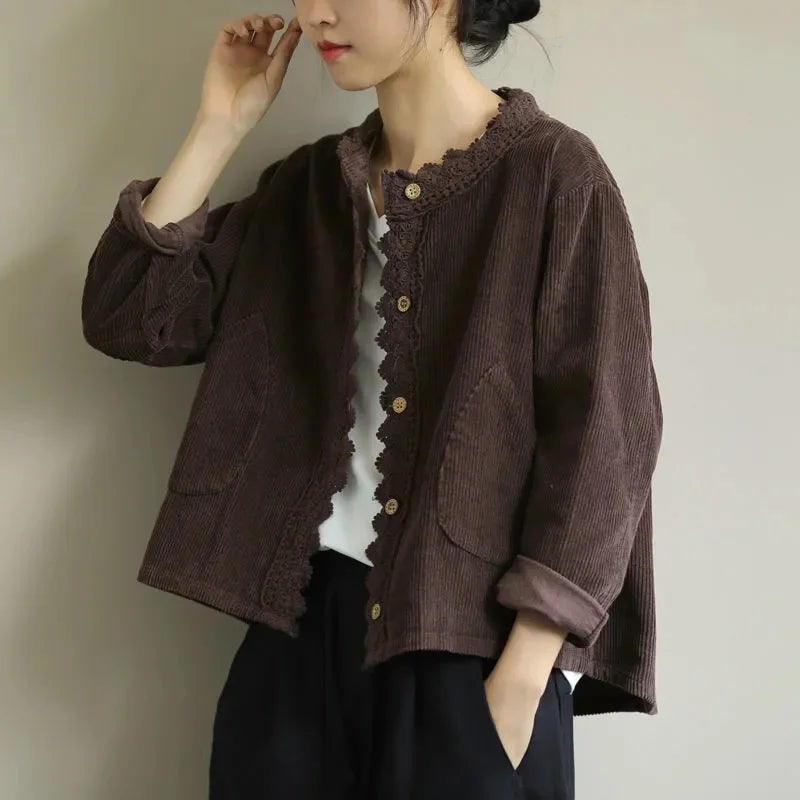 Women Short Jacket Beige Corduroy | Elegant Style-3