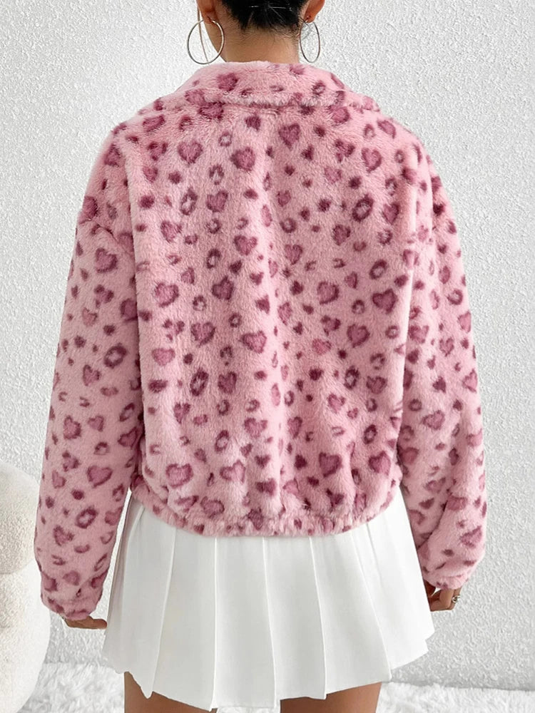Women Pink Leopard Fleece Jacket | Mia