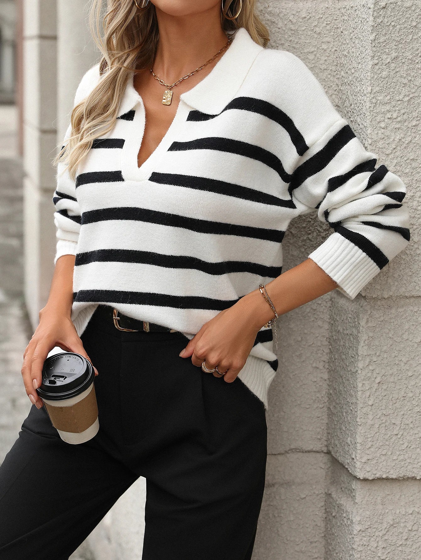 Women Striped Polo Sweater | Rowena