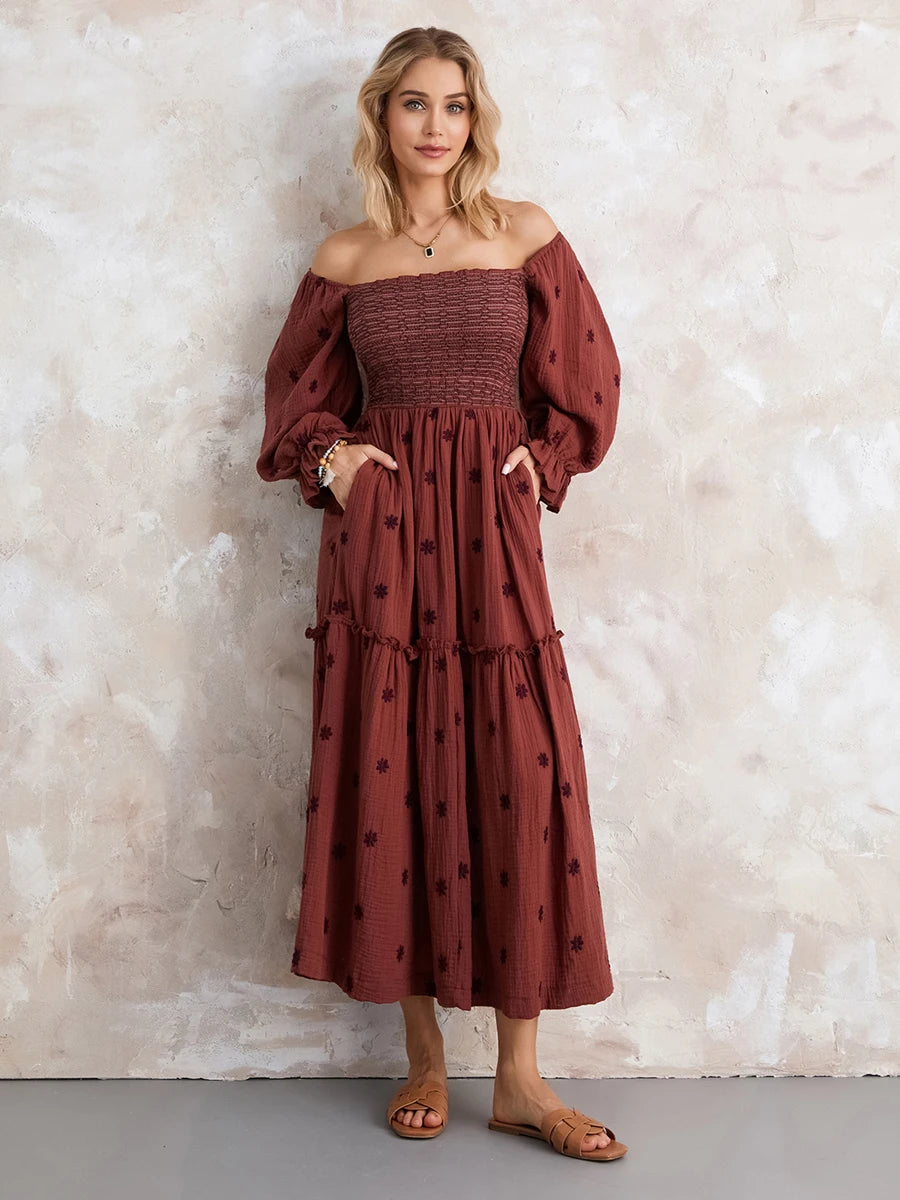 Women Off-Shoulder Smocked Maxi Dress | Kaira