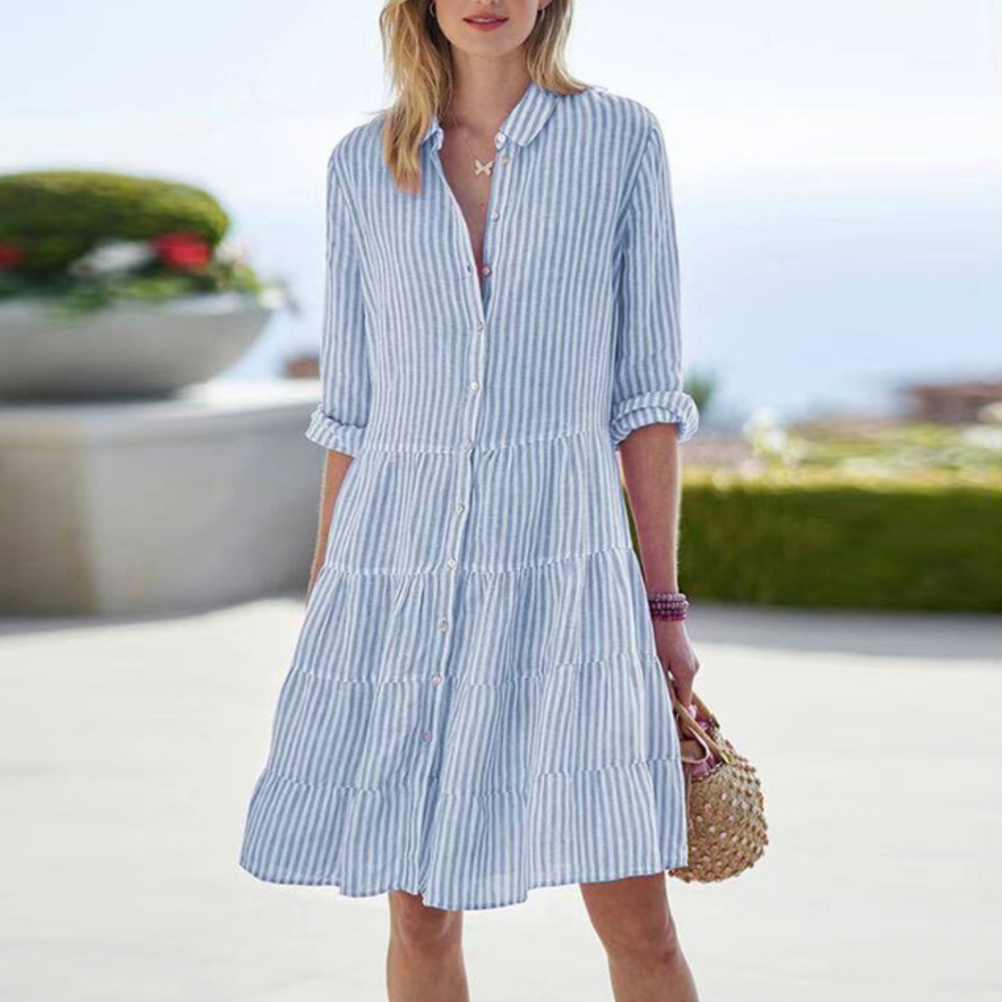 Women Button-Down Tiered Shirt Dress with Striped Pattern | Ellaine