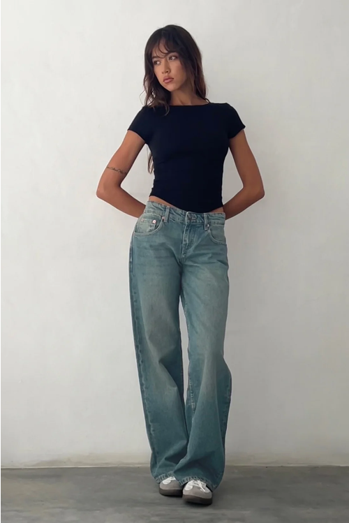 Women Striped Knit Tank Top with Relaxed Denim Jeans | Emma