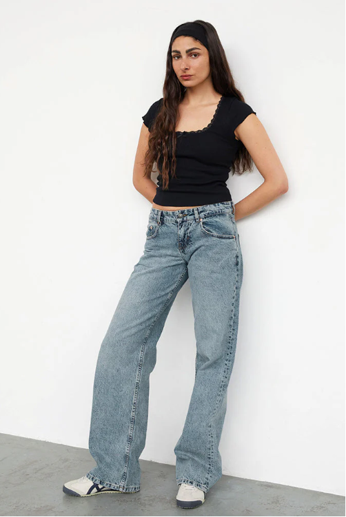 Women Striped Knit Tank Top with Relaxed Denim Jeans | Emma