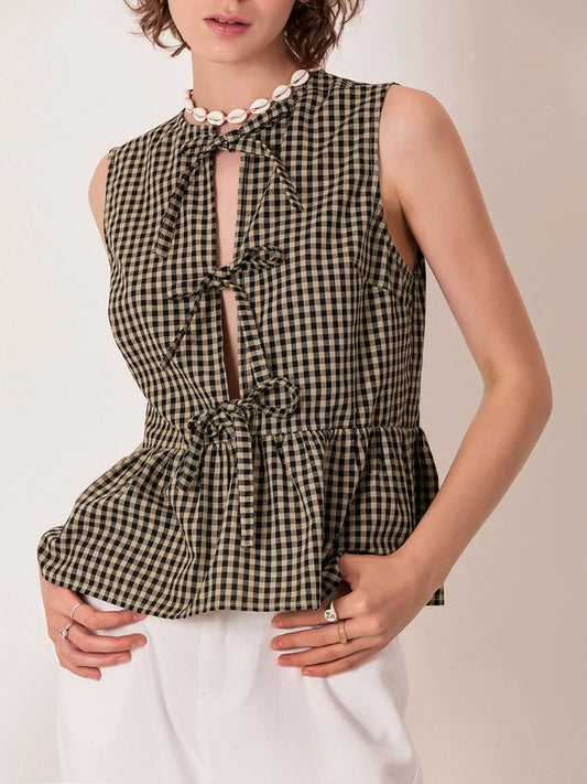 Women Gingham Bow-Tie Peplum Top | Layla