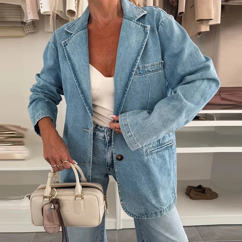 WomenTailored Denim Button Blazer | Jaelle