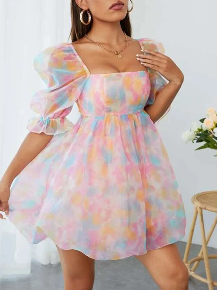 Women Pastel Puff Sleeve Mini Dress | Maricela