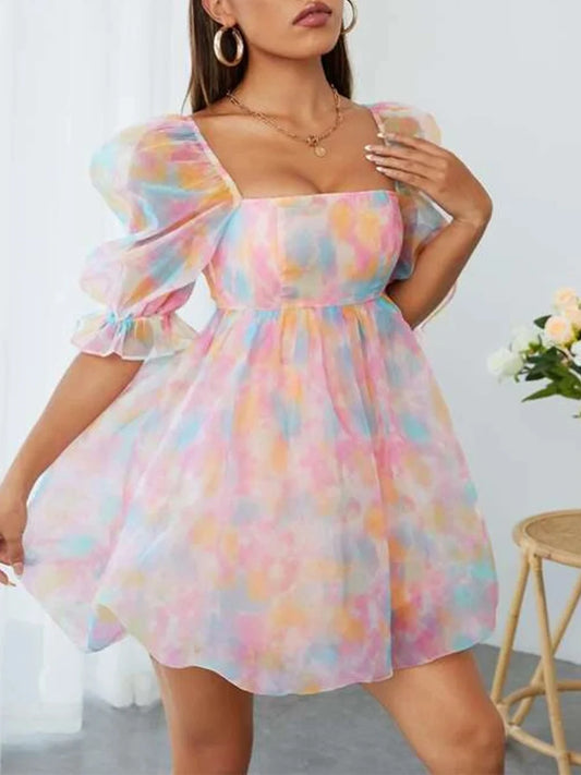 Women Pastel Puff Sleeve Mini Dress | Maricela