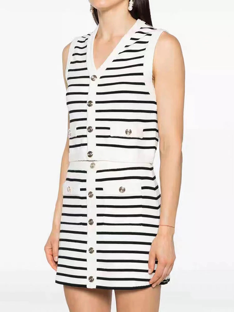 Women Striped Knitted Vest & Skirt Set | Sybella
