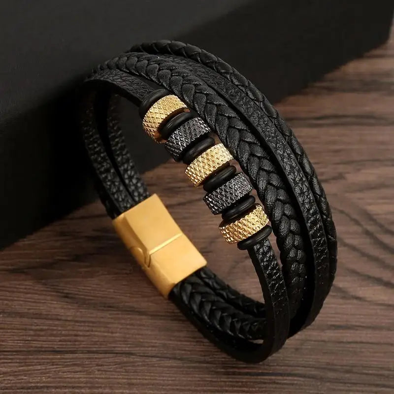 Variant image for Men's Leather Bracelet Black Alloy | Classic Style-33