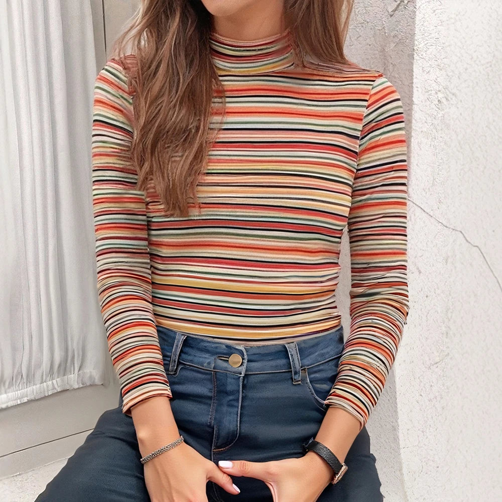 Women Striped Turtleneck Long-Sleeve Top | Elfreda
