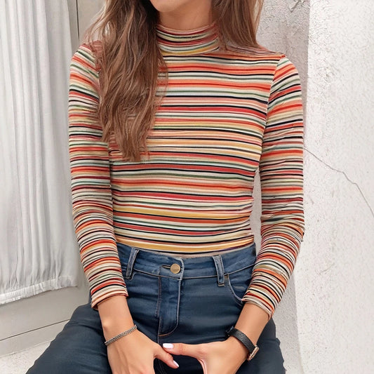 Women Striped Turtleneck Long-Sleeve Top | Elfreda