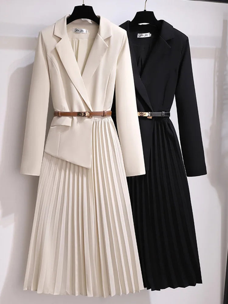 Women Pleated Belted Blazer Dress | Harmony