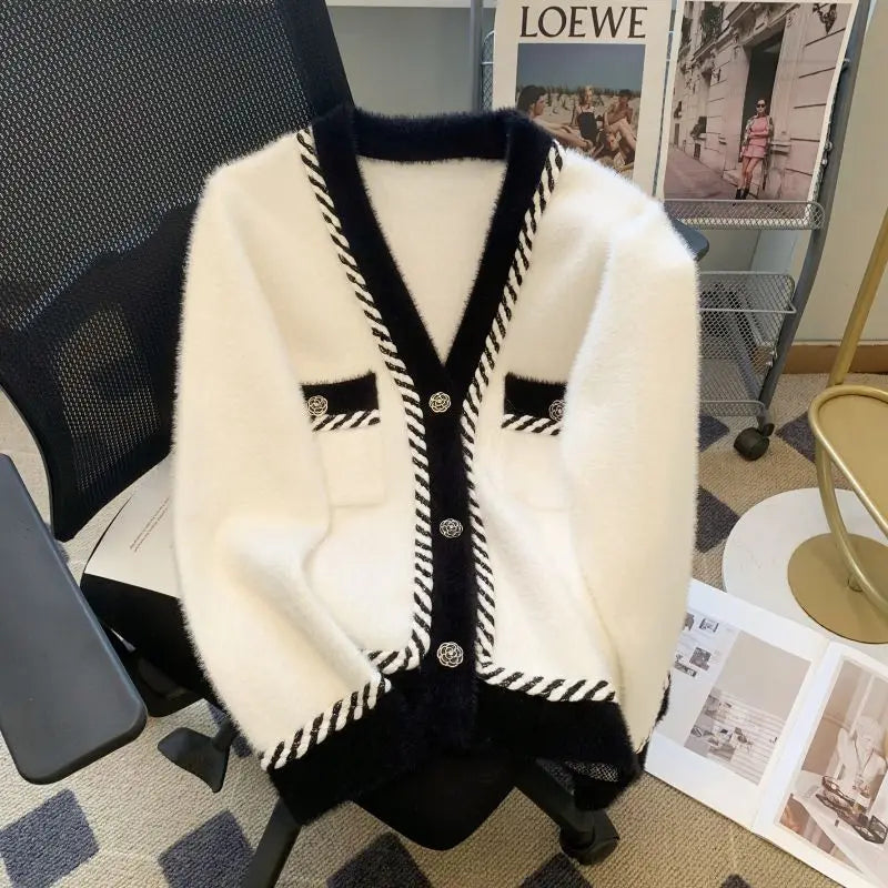 Women Elegant Contrast-Trim Cardigan | Olivine
