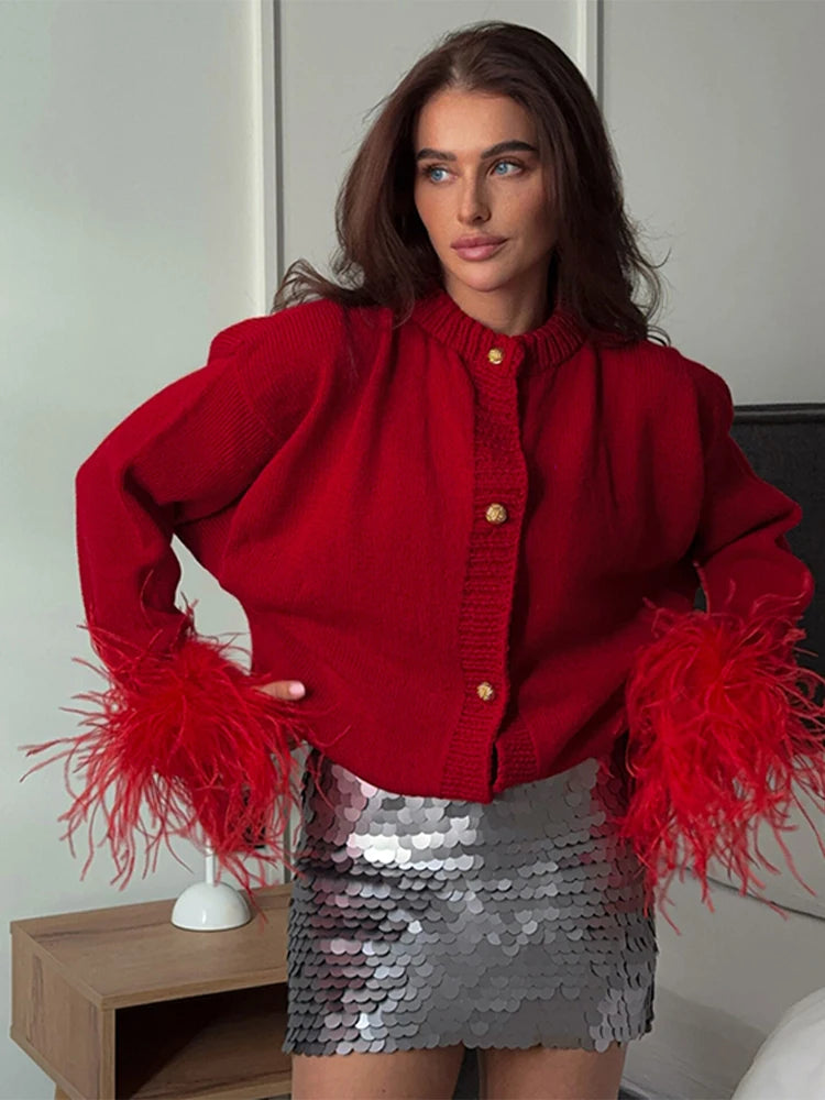 Women Feather Cuff Knit Cardigan | Geraldina