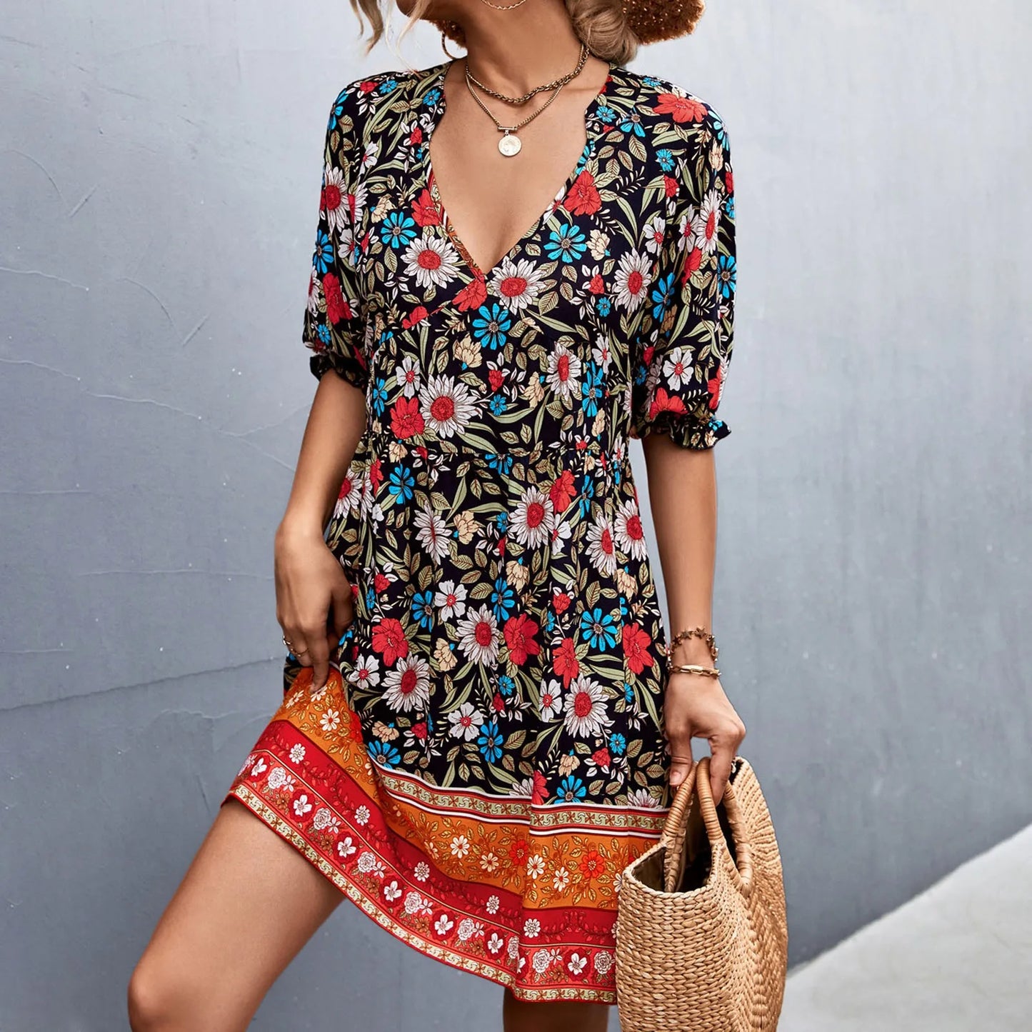 Women Boho Floral V-Neck Mini Dress | Elira