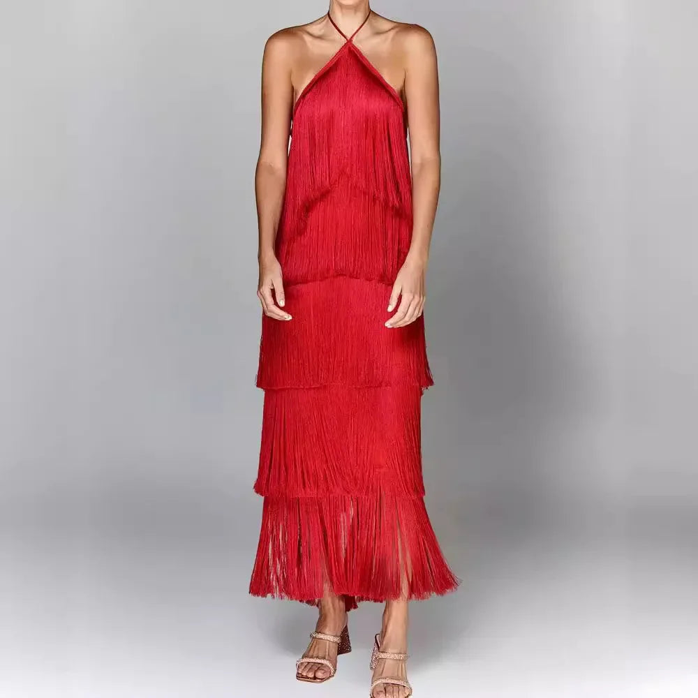 Women Glitter Fringe Halter Maxi Dress | Viviana