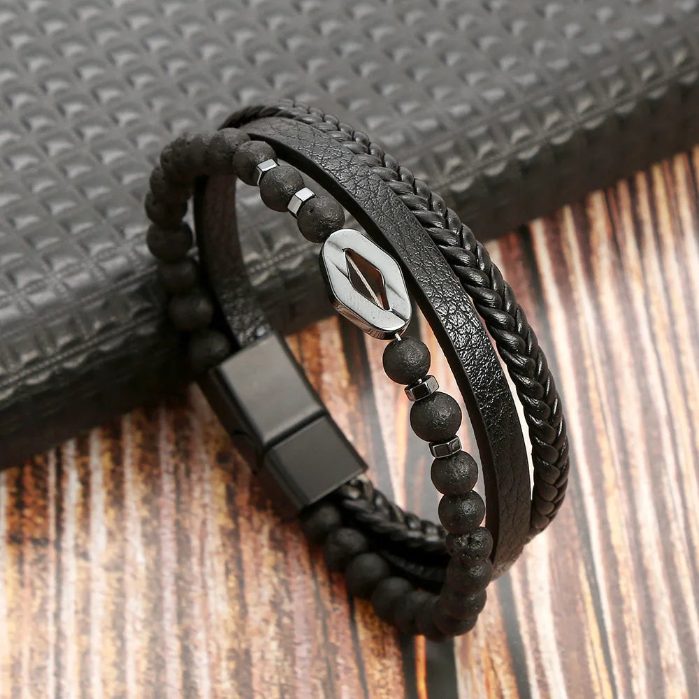 Variant image for Men's Leather Bracelet Black Multilayer | Urban Style-27