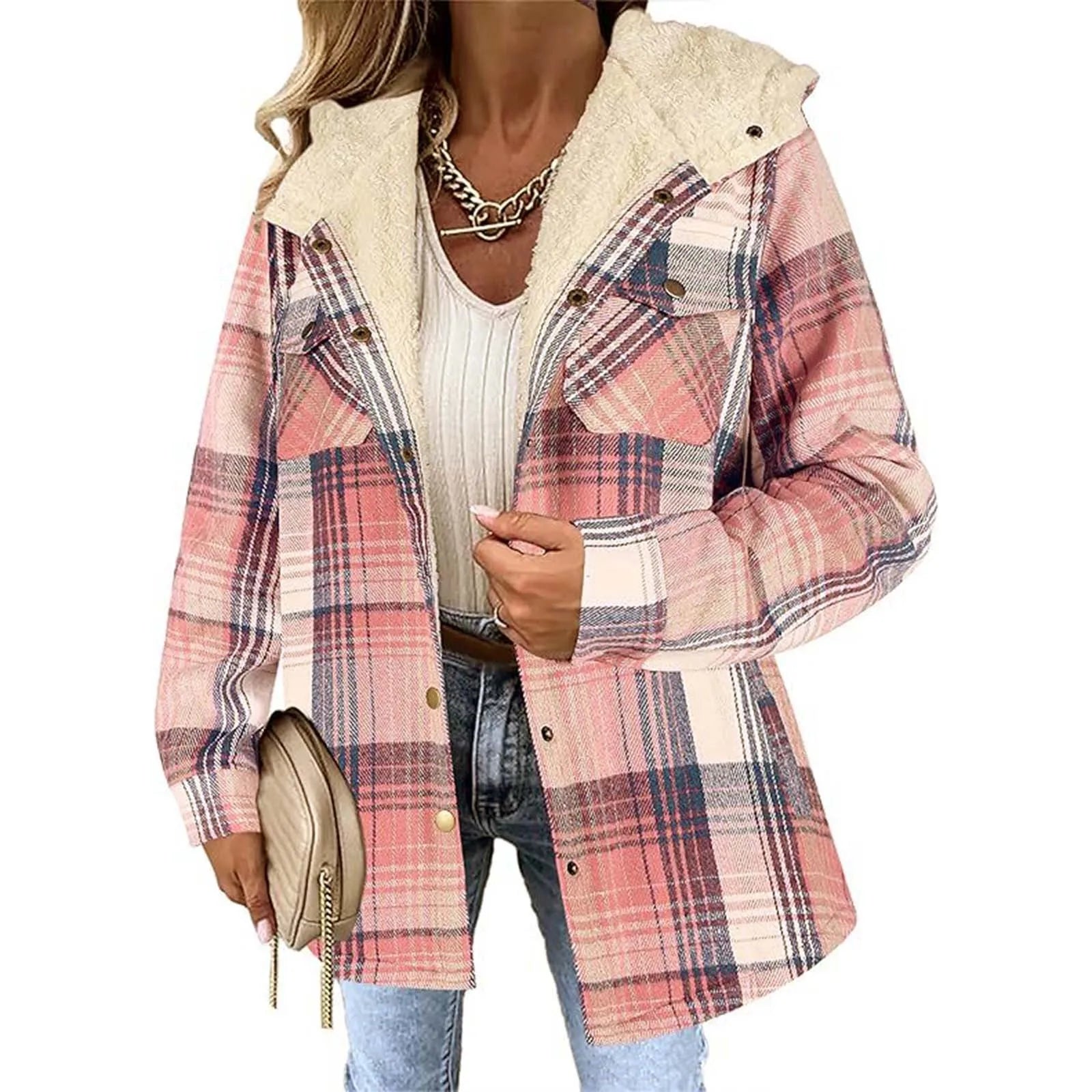 Women Sherpa-Lined Plaid Button Jacket Hyacinth - Main Image