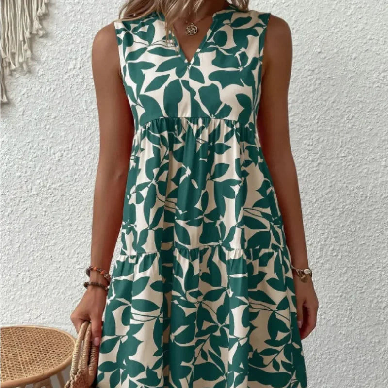 Women Summer Green Leaf Print Dress | Fabiana