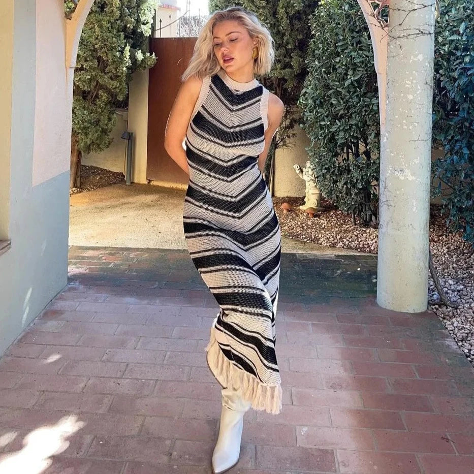 Women Chevron Stripe Maxi Tank Knit Dress | Linna