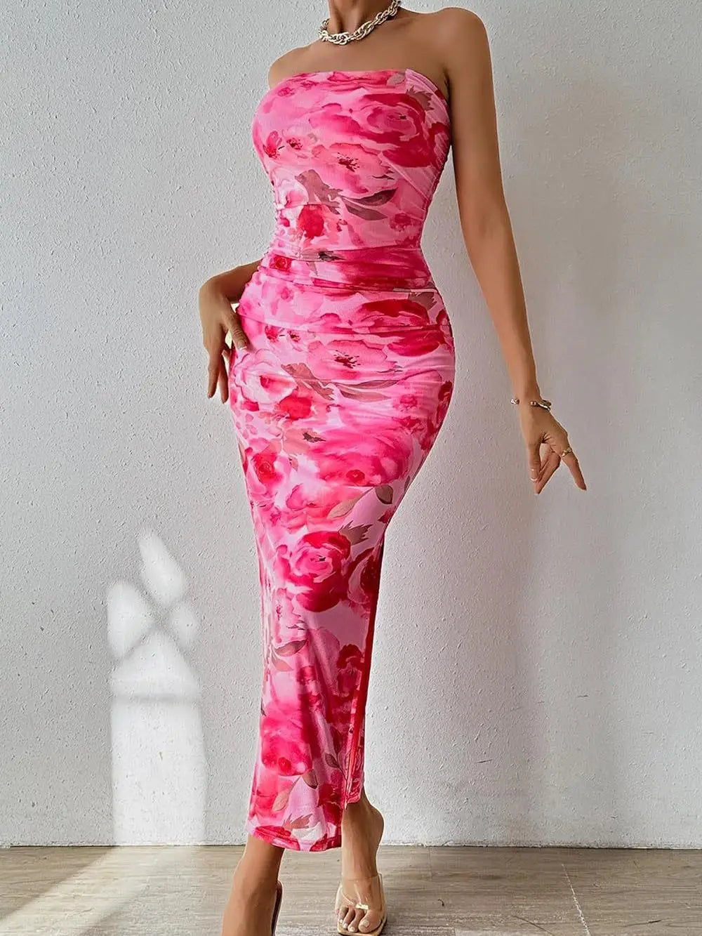 Women Strapless Floral Bodycon Maxi Dress | Celine