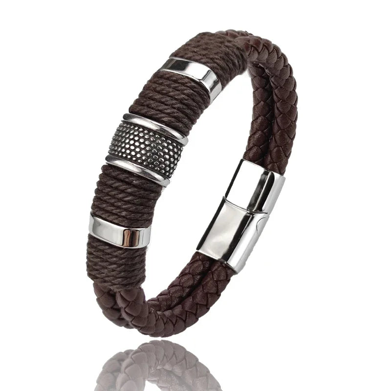 Variant image for Men's Leather Bracelet Brown Stainless Steel | Classic Elegance-1