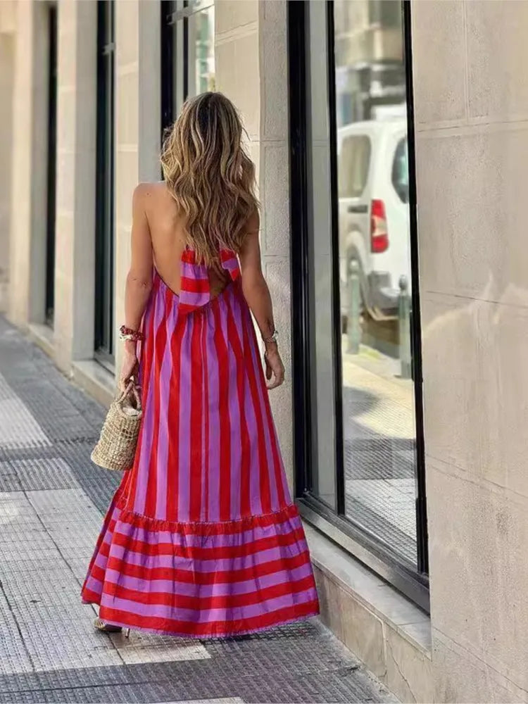 Women Striped Halter Maxi Dress | Melba