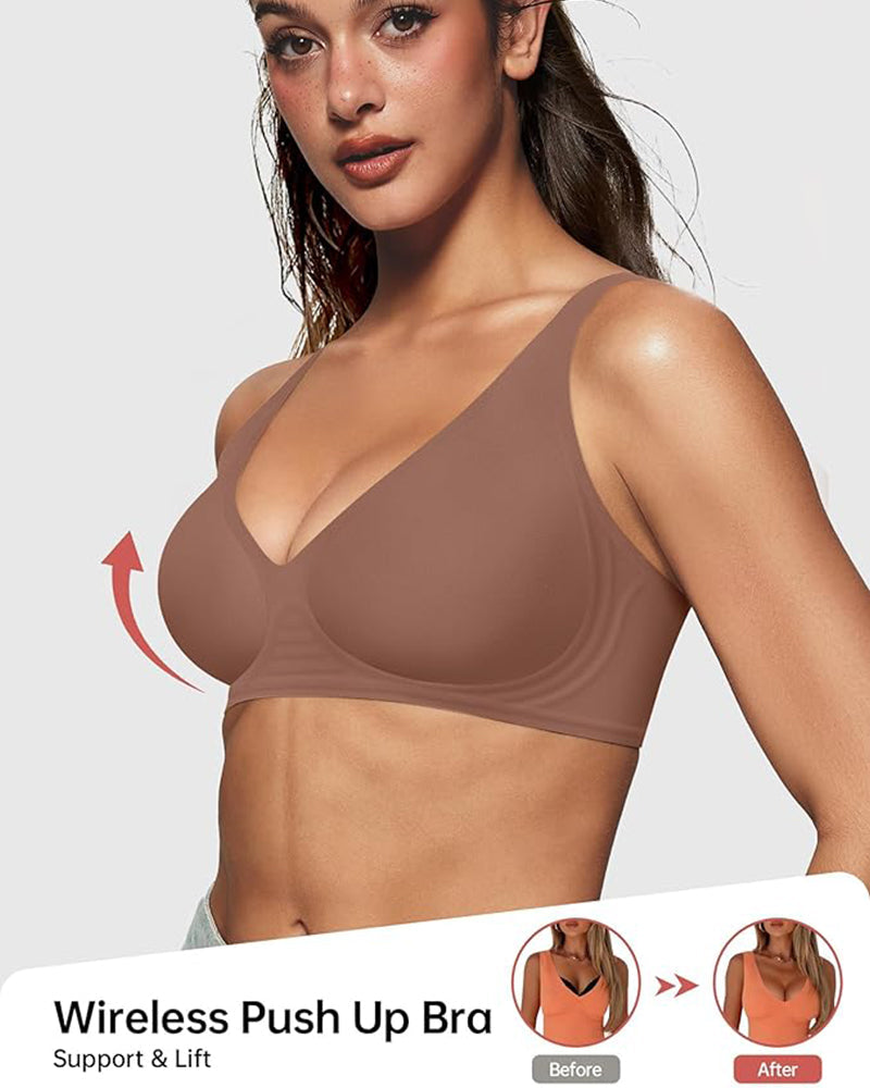 Seamless Deep V Wireless Push-Up Bra with Breathable Fabric