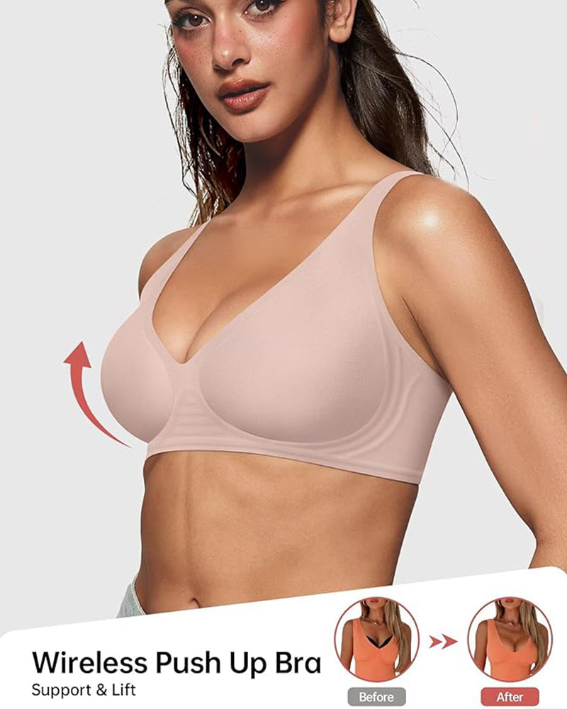 Seamless Deep V Wireless Push-Up Bra with Breathable Fabric